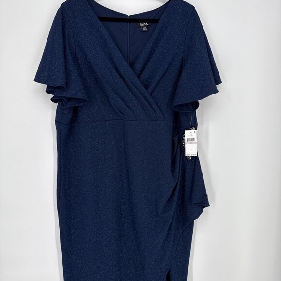 SLNY Womens Plus Size 22W Navy Blue Glitter Beaded Flutter Sleeve Cocktail Dress - Picture 3 of 11